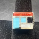 VTG Native American Navajo Sterling Silver MOP, Coral, & Turquoise Ring Sz 9.5