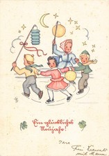 Good Luck Greetings Children Skating Paper Lamps Moon Shamrocks postcard B730