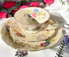 Vintage PMR Bavaria Germany Jaeger & Co Trio Teacup & Saucer & Plate Gold Lace