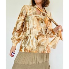 Vintage 70s Sateen Floral Print Blouse Gold/yellow Fall Vibes Size Large Womens