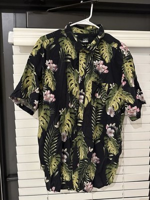 Billabong Gallery Hawaiian Shirt Men's XL Vacation Black Green Pink