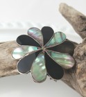 VTG Taxco Brooch /  Pendant Onyx Mother Of Pearl Flower 925 Silver Signed