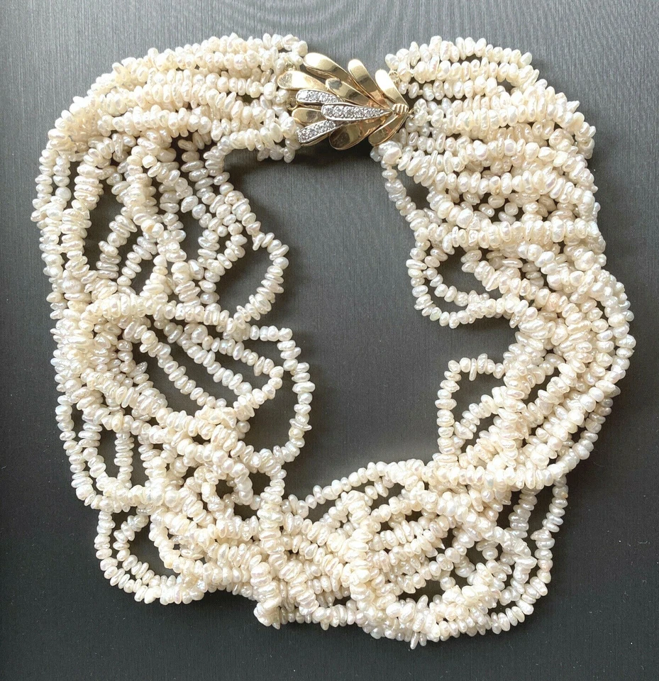 14K Yellow White Gold 0.6ctw Diamond Clasp Choker Necklace 11 Strand Keshi Pearl - Image 2 of 4