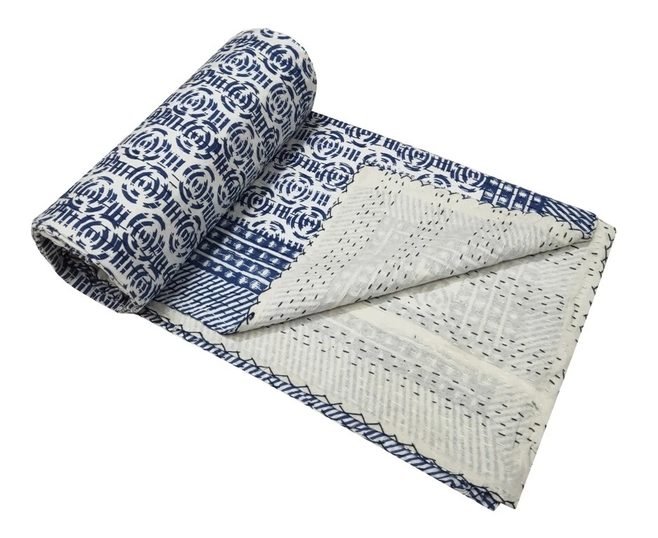 Colcha edredón Kantha individual con estampado de bloques de mano indio de algodón Foto 2 de 4