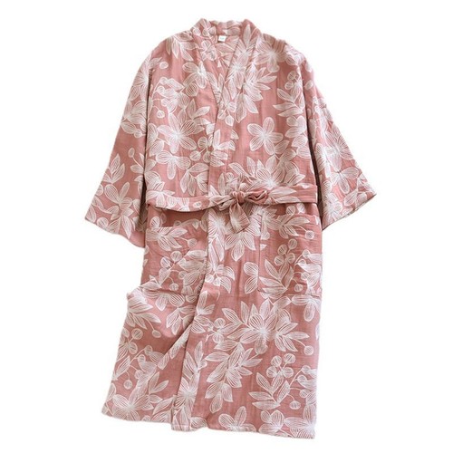 Women Floral Kimono Robe 3/4 Sleeve Drop Shoulder V Neck Belted Cotton Bathrobe - Picture 6 of 12