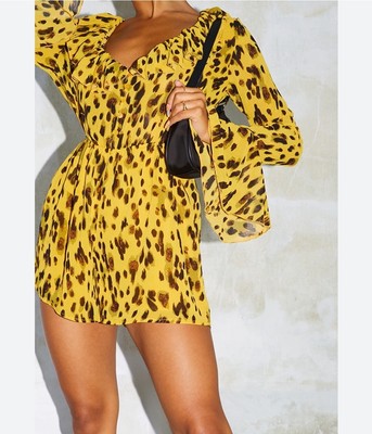 Prettylittlething Mustard Leopard Print Flare Sleeve Button Playsuit - UK Size 4