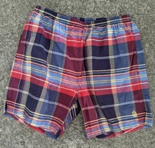Vintage 1990s Nautica Swim Trunks red blue Plaid Pockets Drawstring Size Large