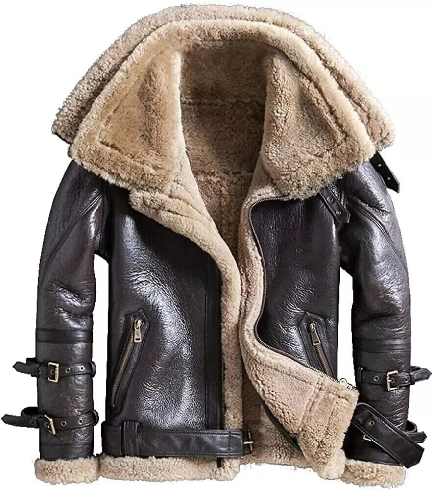 B3 Bomber Aviator RAF Real Sheep Skin Pilot Flying Double Collar Leather Jacket