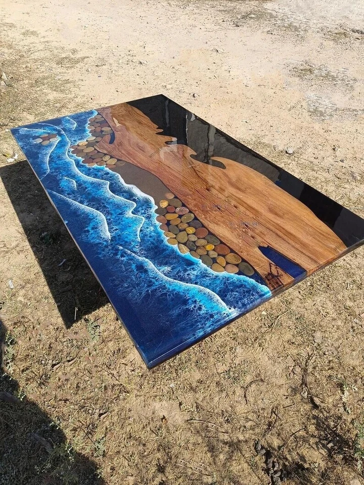 Ocean Beach Epoxy Dining Table Tops Handmade Custom To Order Dining Room Decor - Image 2 of 4