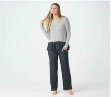 Cuddl Duds SoftKnit Ruffled Hem Crew Top & Pants Pajama-A368096-NEW