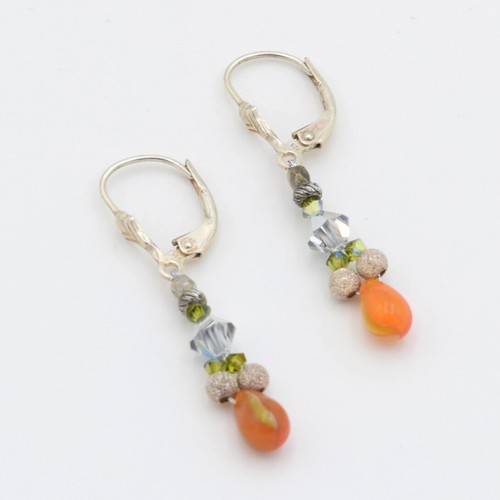 Sterling Silver Orange Czech Glass & Crystal Beaded Stone Dangle Earrings - Picture 4 of 4