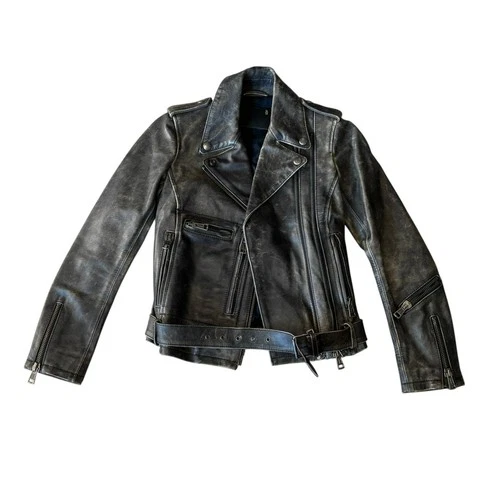 R13 Distressed Leather Moto Biker Jacket Women’s In Faded Black image 2