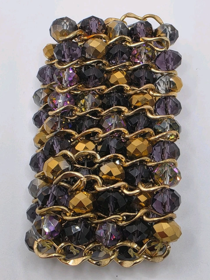 Raro Brazalete Swarovski Púrpura y Dorado 5 Hilos con Eslabones Tono Dorado, Elástico Foto 2 de 4