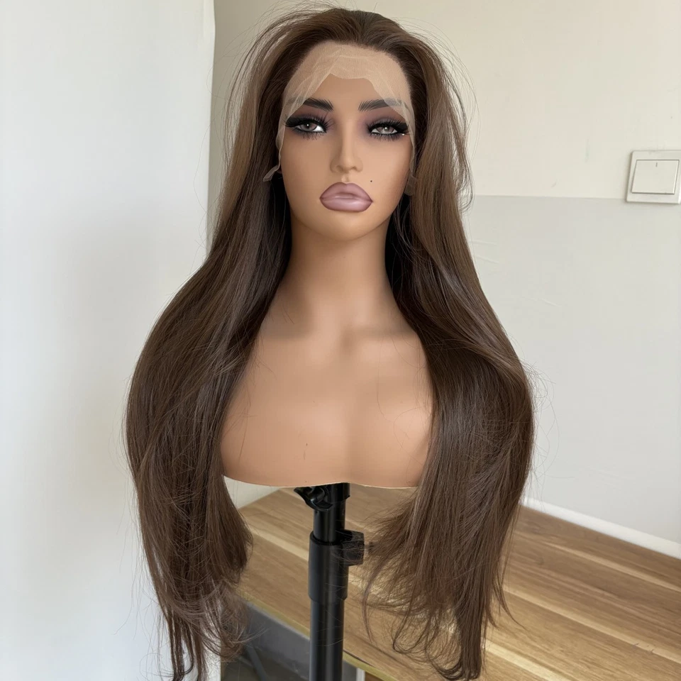 Термостойкий волос светло-коричневый предварительно выщипанный лобный кружевной парик длинный прямой мягкий - Изображение 3 из 4