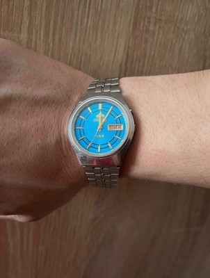 Vintage Orient Three Star Automatic Blue Dial Day Date Japan Men s Watch