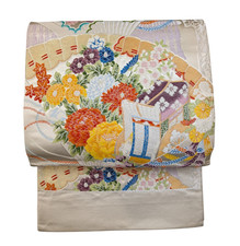 Japane Kimono Fukuro Obi White Colored Flowers Embroidery Pattern Pre-owned Silk