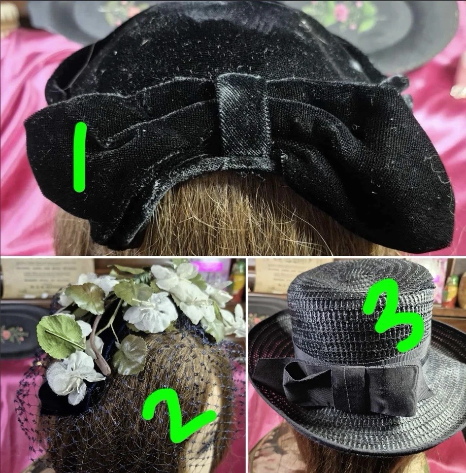 Vintage Hats - Black Velvet Calot, Floral Fascinator, & Navy Blue Straw Bowler - Image 2 of 4
