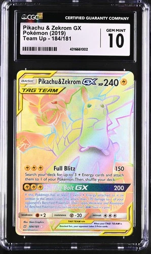 CGC 10 GEM MINT Pikachu & Zekrom GX Team Up 184/181 Rainbow Rare Pokemon Card