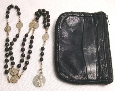 Antique France Blessed Seven Sorrows Rosary Petite Ebony Beads Signed Medal 