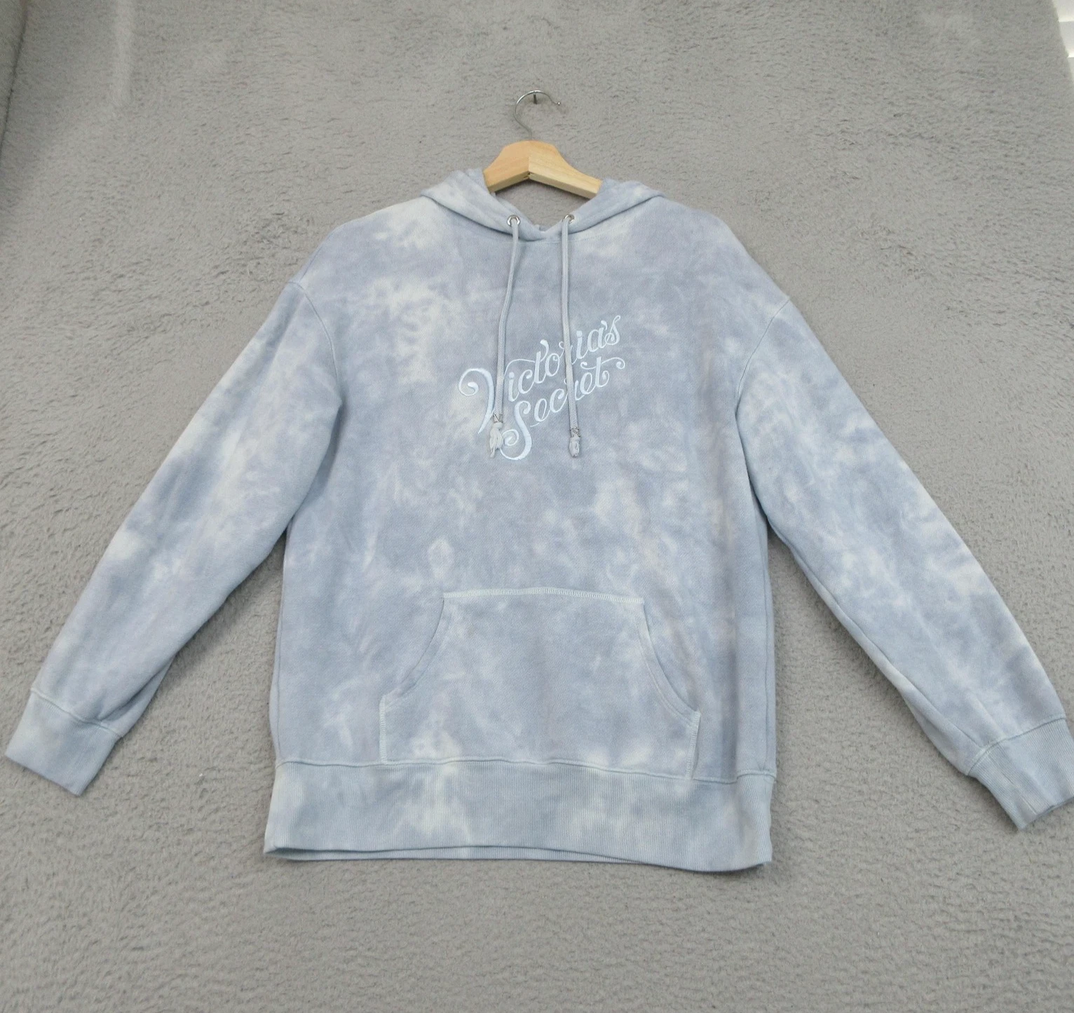 Victoria's Secret Hoodie Womens XS Blue Tie Dye Fleece Pullover Logo Embroidered