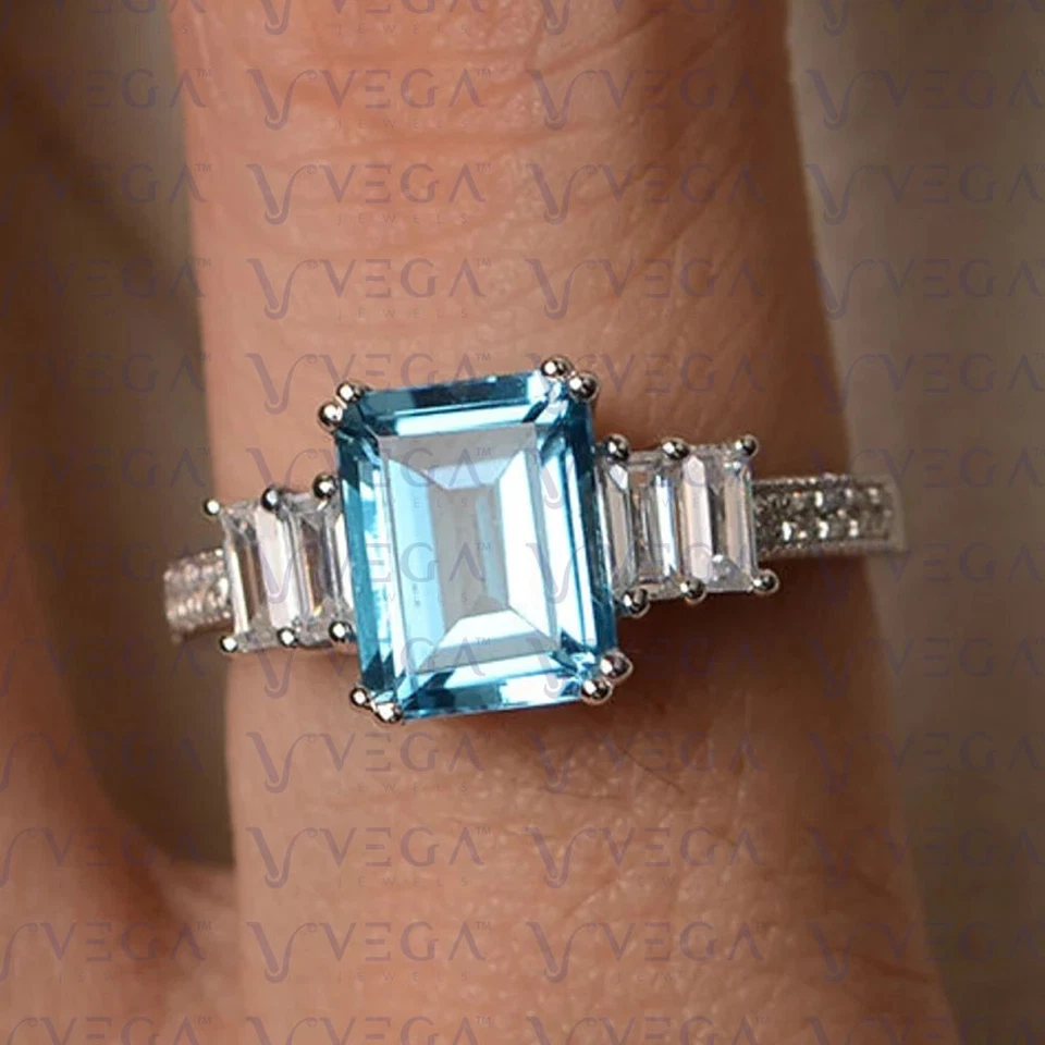 4.50Carat Emerald Cut Natural Topaz and Diamond Prong Ring 950PT Platinum Plated - Image 4 of 4