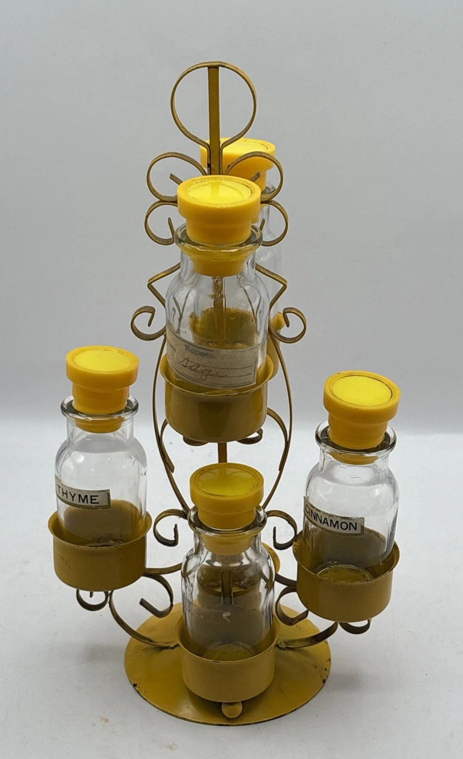 Vintage Yellow Metal Spice Rack Decorative Scroll With 5 Glass Spice Jars Lids