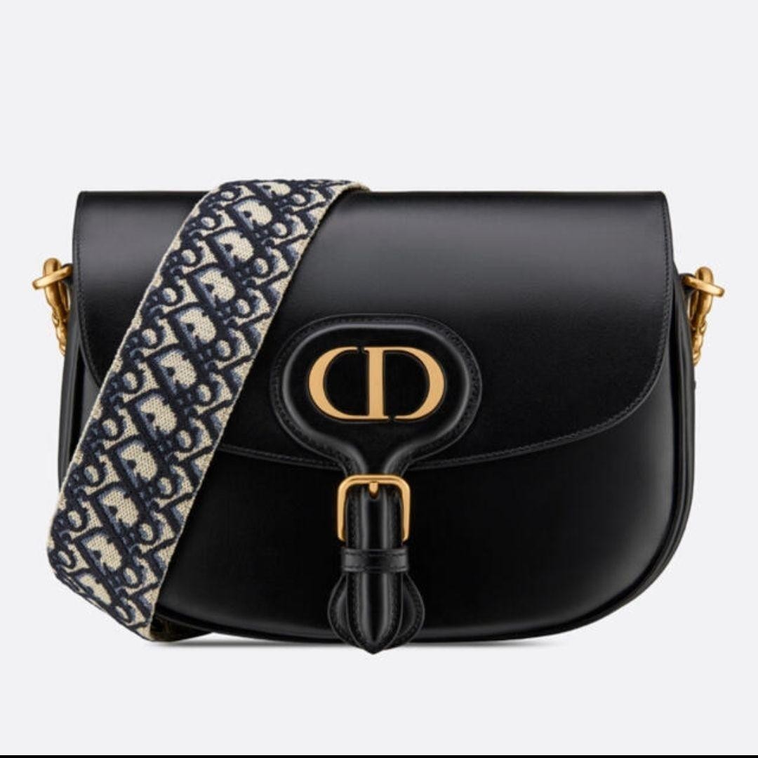 Christian Dior Bobby Large Black Box Calfskin Shoulder Bag with Oblique Strap