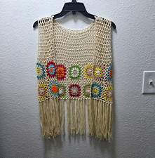 Women s Crochet Fringe Vest Top Beige Floral ...