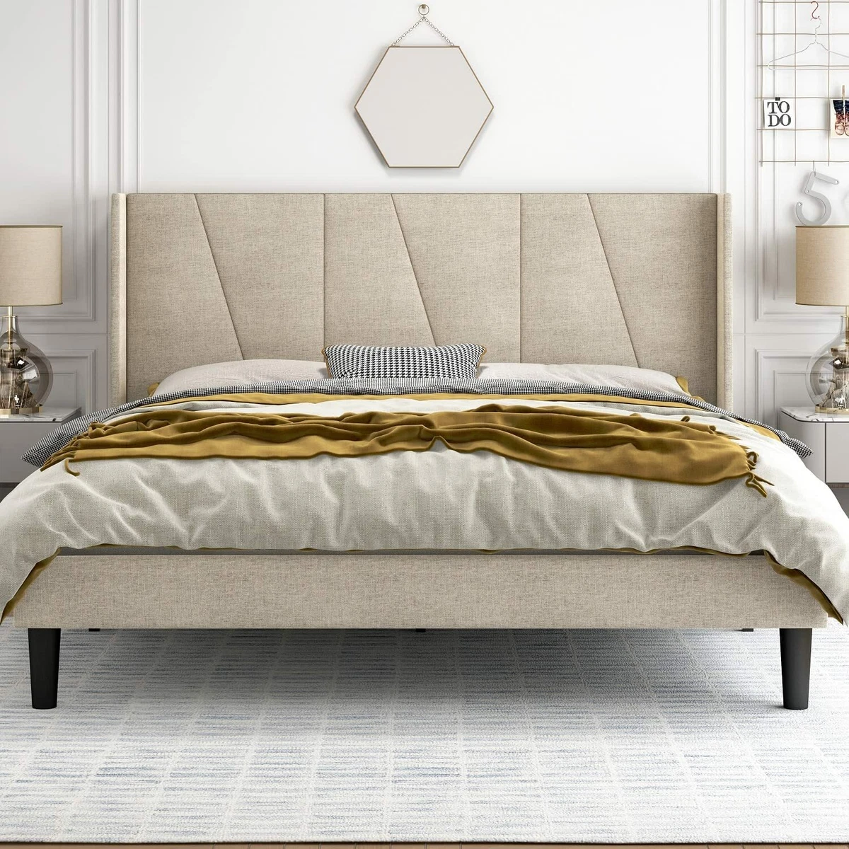 Beige upholstered 2024 queen bed frame