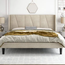 Queen Upholstered Platform Bed Frame with Geometric Wingback Headboard, Beige
