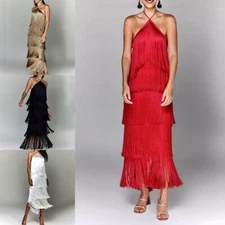 Women's Personalized and Fashionable Halter Neck Tassel Backless Slit Dress New