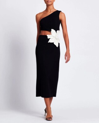 $825 PatBo Women Flower Appliqué Cut-Out Midi Black Dress Sleeveless US 6 NWT