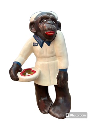 Vintage Ceramic Monkey Nurse Holding A Bed Pan(Hand Painted)
