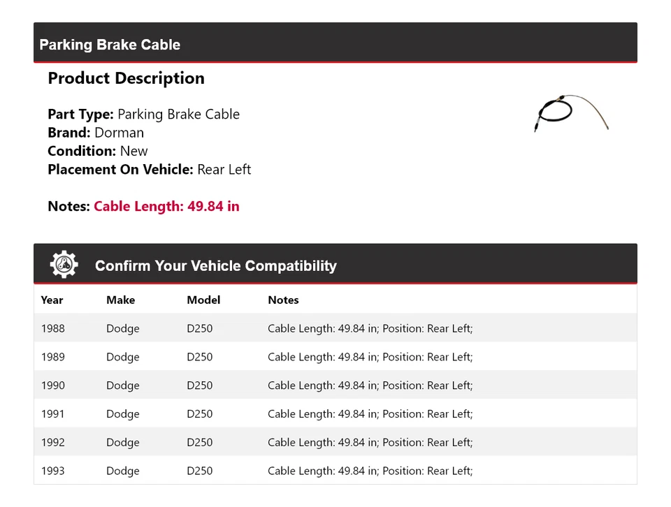 Cable de freno de estacionamiento trasero izquierdo para Dodge D250 Dorman 1988-1993 1989 1990 1991 Foto 2 de 4