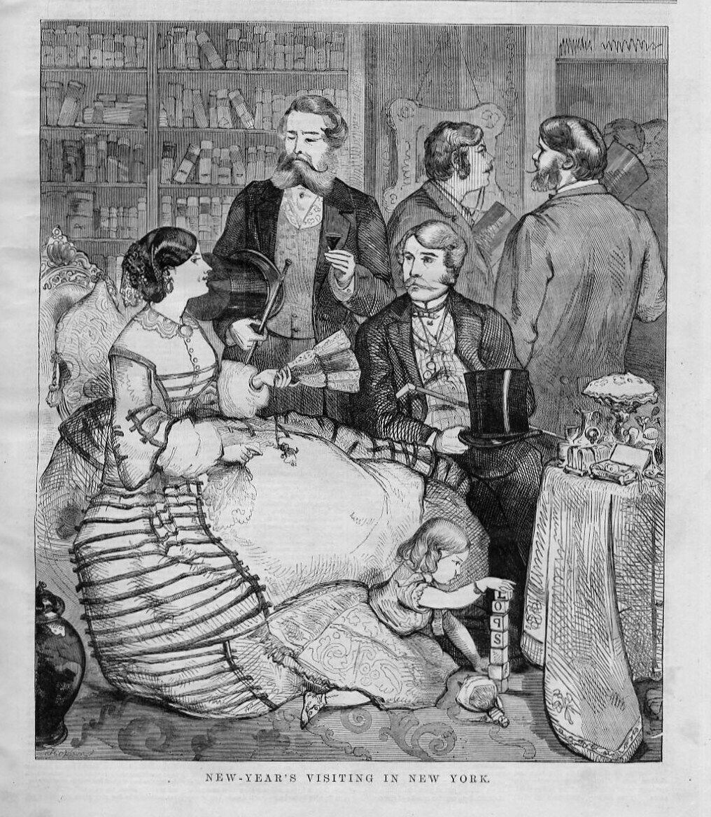 NEW YEAR'S IN NEW YORK 1858 CHILD PLAYS WITH BLOCKS ADULTS DRINK WINE FASHION