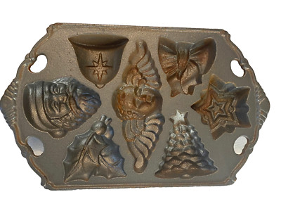 Vtg John Wright Cast Iron Vintage Christmas Angel Santa Cookie Muffin Mold Pan