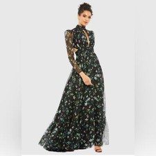 Mac Duggal NEW Black Multicolor Floral High Neck Puff Sleeve Lace Up Back Gown