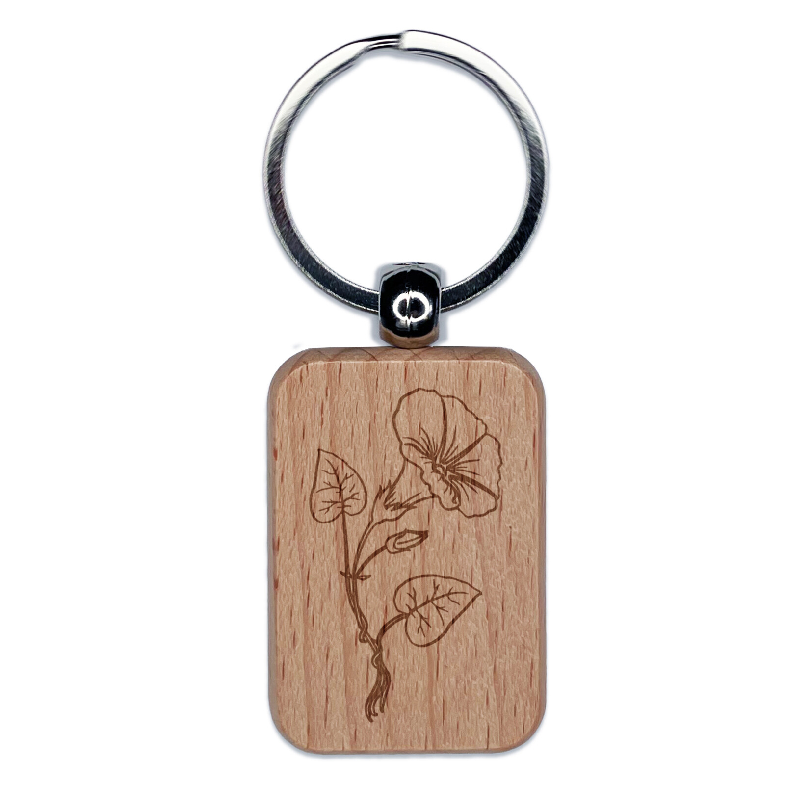 Hand Drawn Morning Glory Flower Engraved Wood Rectangle Keychain Tag Charm