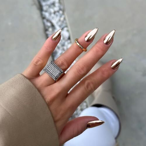 Light Gold Chrome Press on Nails Medium Almond, Chrome Fake chorme light gold - 第 1/7 張圖片