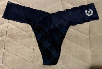 Victoria's Secret PINK Navy Blue Plaid Everyday Lace Trim Thong Panty ~ M ~ NWT!