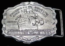 Masted Gold Ship Livingston Wells Company Vintage Belt Buckle