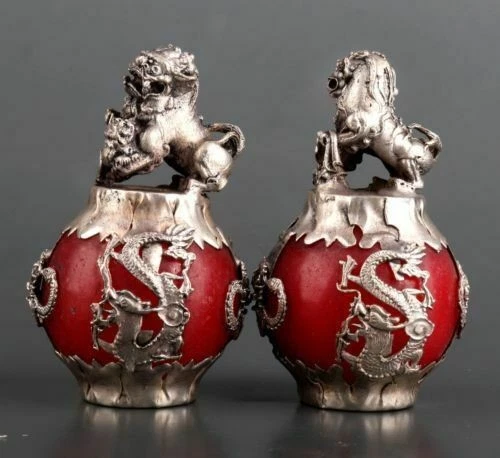 Un par de estatua china antigua del Tíbet plata tallada a mano armadura jade dragón león 9061 Foto 3 de 4