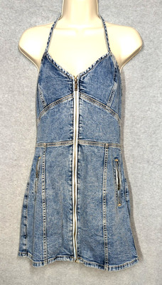 Denim Sexy Mini Dress Size 8 Zip Up Front Halter Top Blue On Trend Playful Boho