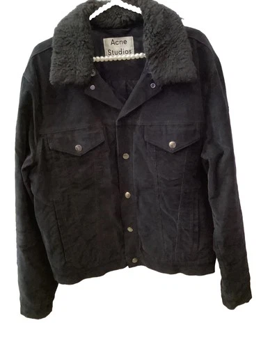 Acne Studios Black Corduroy Trucker Jacket Removable Fur Collar Snap Button Sz52 image 3