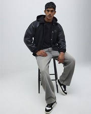 River Island Mens Bomber Jacket Black Faux Leather Wool Collared Outerwear Top