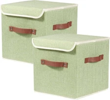 2PCS Storage Cube with Lid Cloth Organizer PU Leather Handle