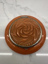 Vintage Bakelite Compact Mirror Powder Puff Rose Art Deco Orange - Rust Color
