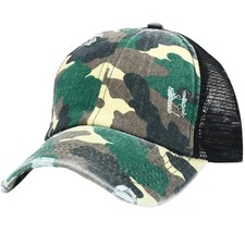 Multicolor Camouflage Vintage Mesh Ponytail Trucker Hat, Distressed Ripped Wa...