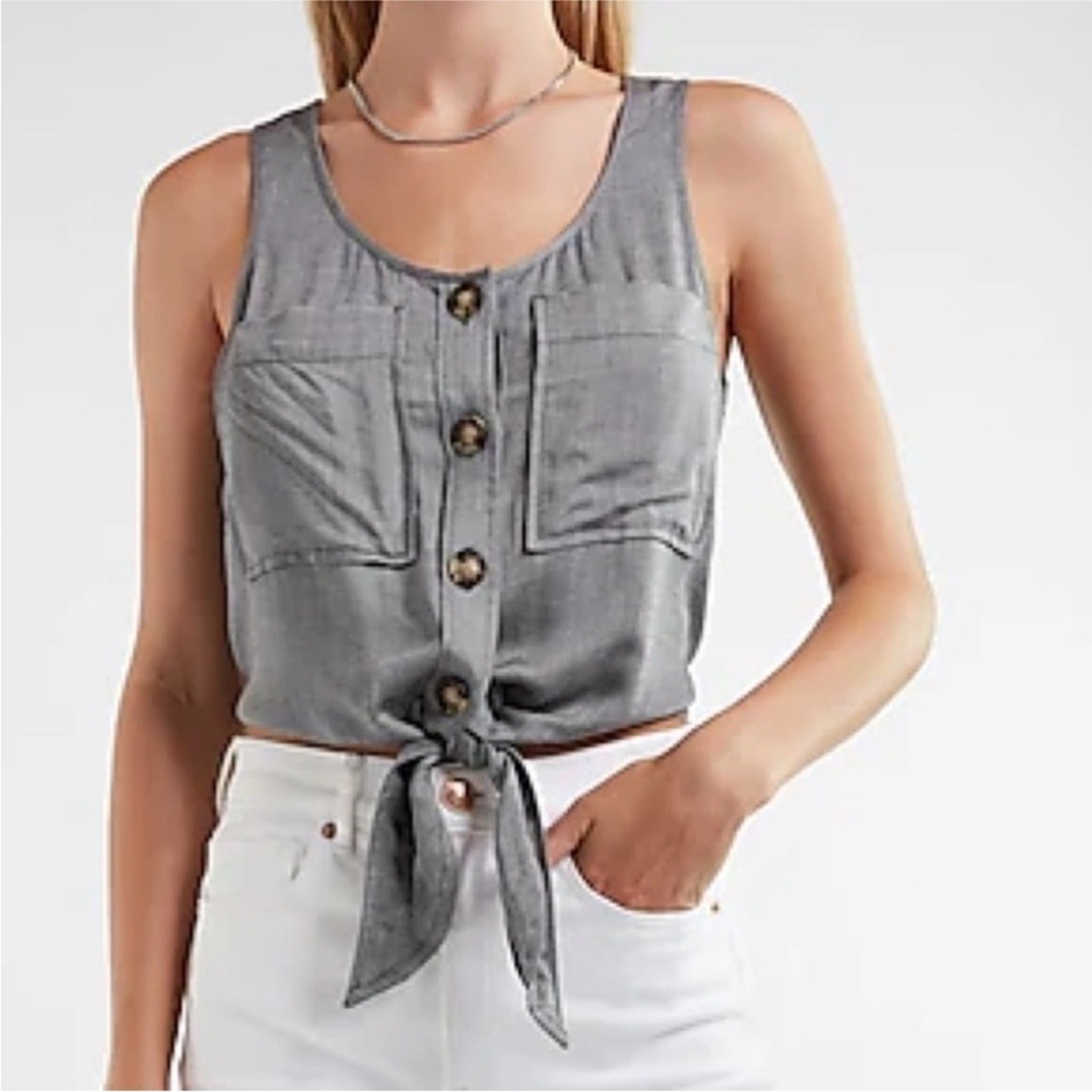 Express Tie Front Blouse Gray Button Sleeveless M… - image 12