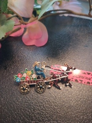 Betsey Johnson Donkey Cart Brooch Floral Prancing Happy Donkey Festival Fun